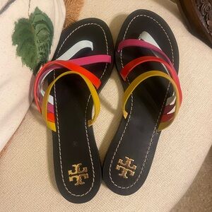 Tory Burch Black Sandals with Pink, Red, and Yellow Straps